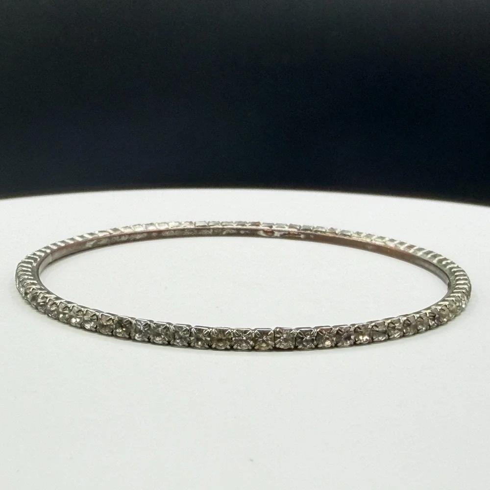 Silver Tone Clear Rhinestone Bangle Bracelet Prong Set Sparkle Statement Jewelry